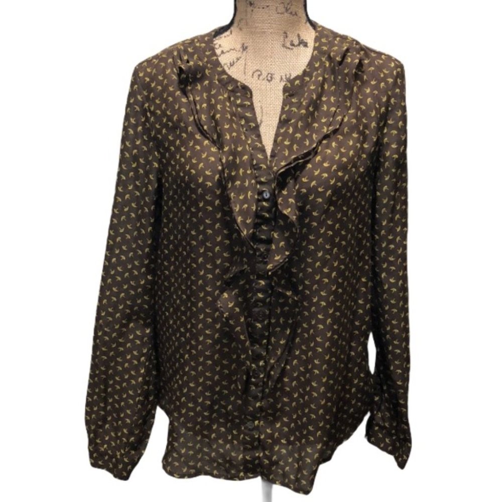 {LOFT} Brown Printed Ruffle Front Blouse